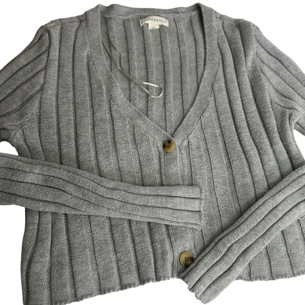 Aeropostale Cardigan Womens Large Gray‎ Ribbed V-Neck Cropped Button Front
